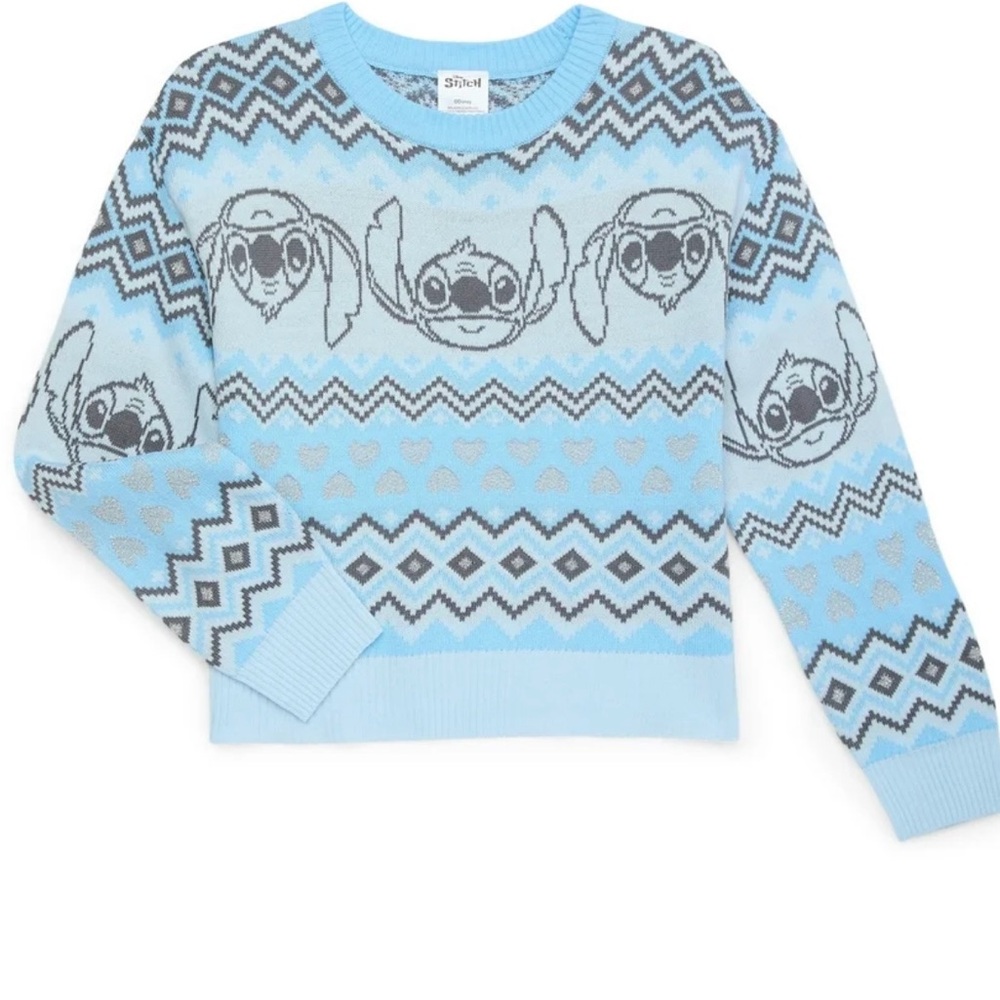 Disney Stitch Girls Metallic Blue Sweater Lurex Holiday Sweater - Picture 1 of 7